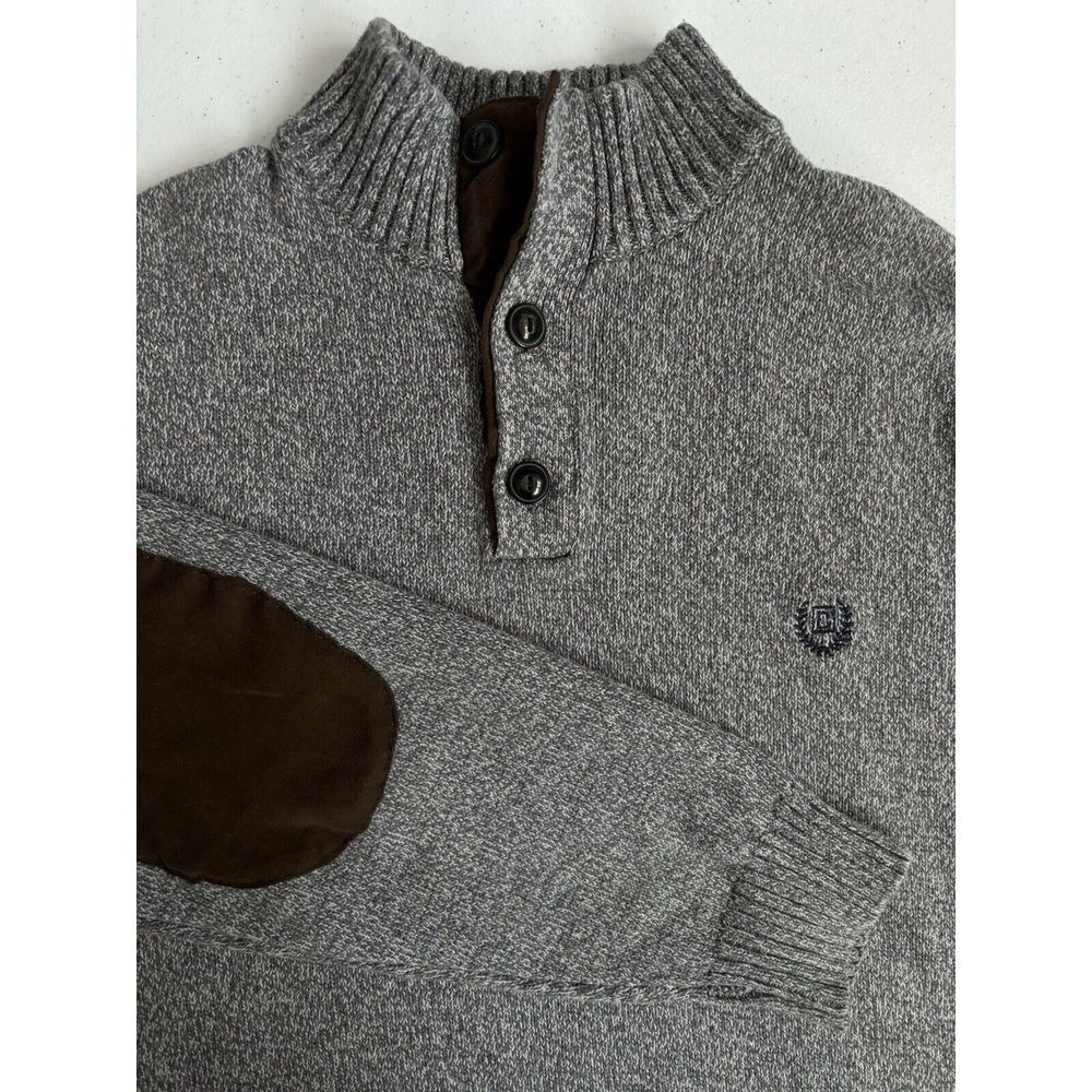 Chaps Men's XL Gray Thick Cotton Knit 1/4 Button Elbow Patches Pullover Sweater